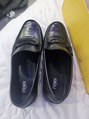 Fendi Black Leather FF-Embossed Bit Loafers